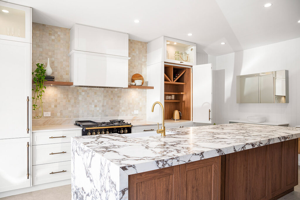 A Stylish Kitchen Interior Displaying Marble Countertops — Vivid Stoneworks in Thornton, NSW