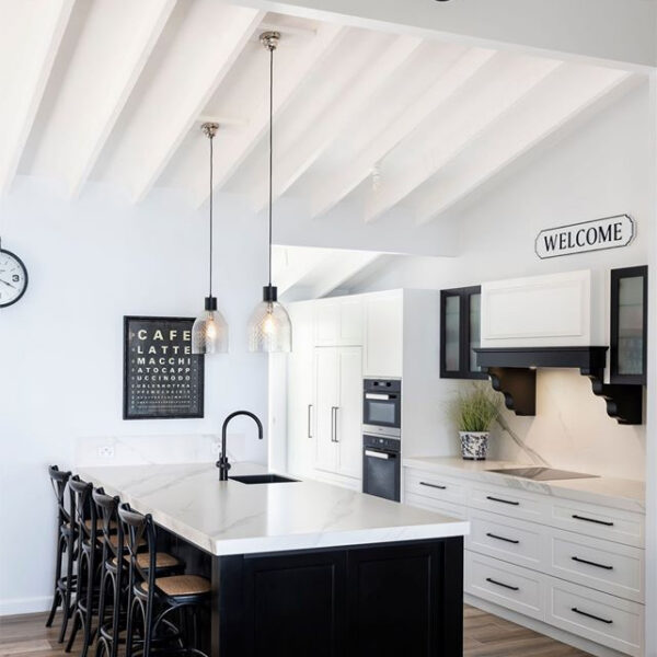 Modern Black and White Kitchen with White Granite Stone Benchtop in Newcastle, NSW