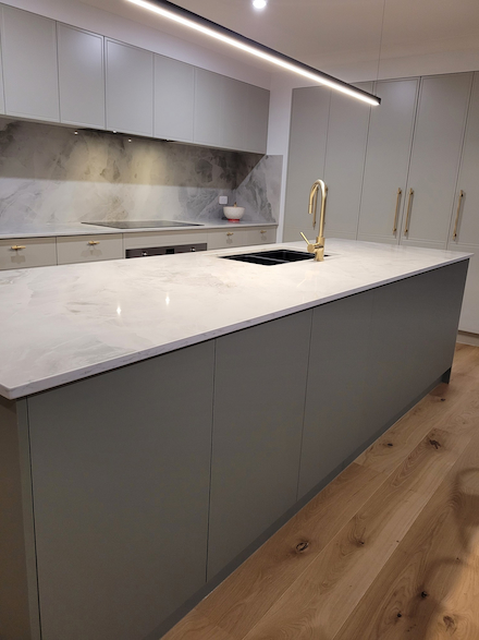 Kitchen With Grey Cabinets — Custom Stone Benchtops, Vanities And More In Newcastle