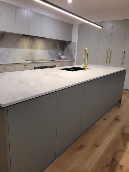 Kitchen With Grey Cabinets — Custom Stone Benchtops, Vanities And More In Newcastle